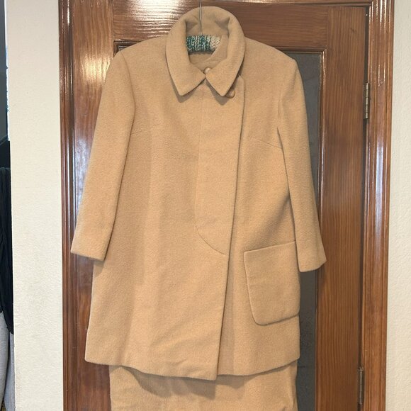 Neusteters 100% CAMEL HAIR Tan Lined Dress & Coat Set No Size Tag Fits S-M - Picture 1 of 11